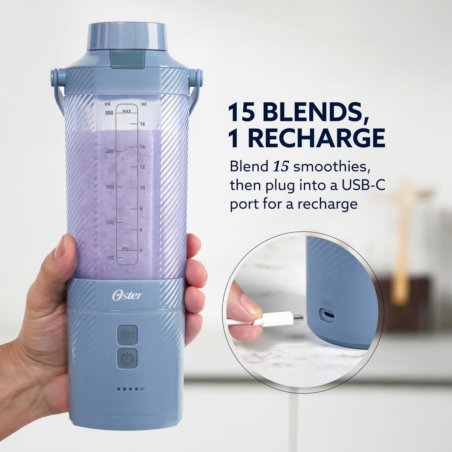 Oster GoMax Portable Blender, 20 oz Cordless Personal Blender for Smoothies & Shakes, USB-C Rechargeable, Anti-Jam Reversible Blade, Leak-Proof Travel Lid, Dishwasher Safe Parts, BPA-Free, Blue