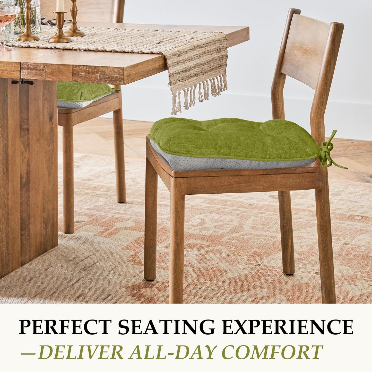 HARBOREST Chair Cushions for Dining Chairs Set of 4 - Chenille Tufted Kitchen Chair Cushions with Ties and Non-Slip Bottom, Foam Chair Pads for Dining Chairs, 17" x 17", Green