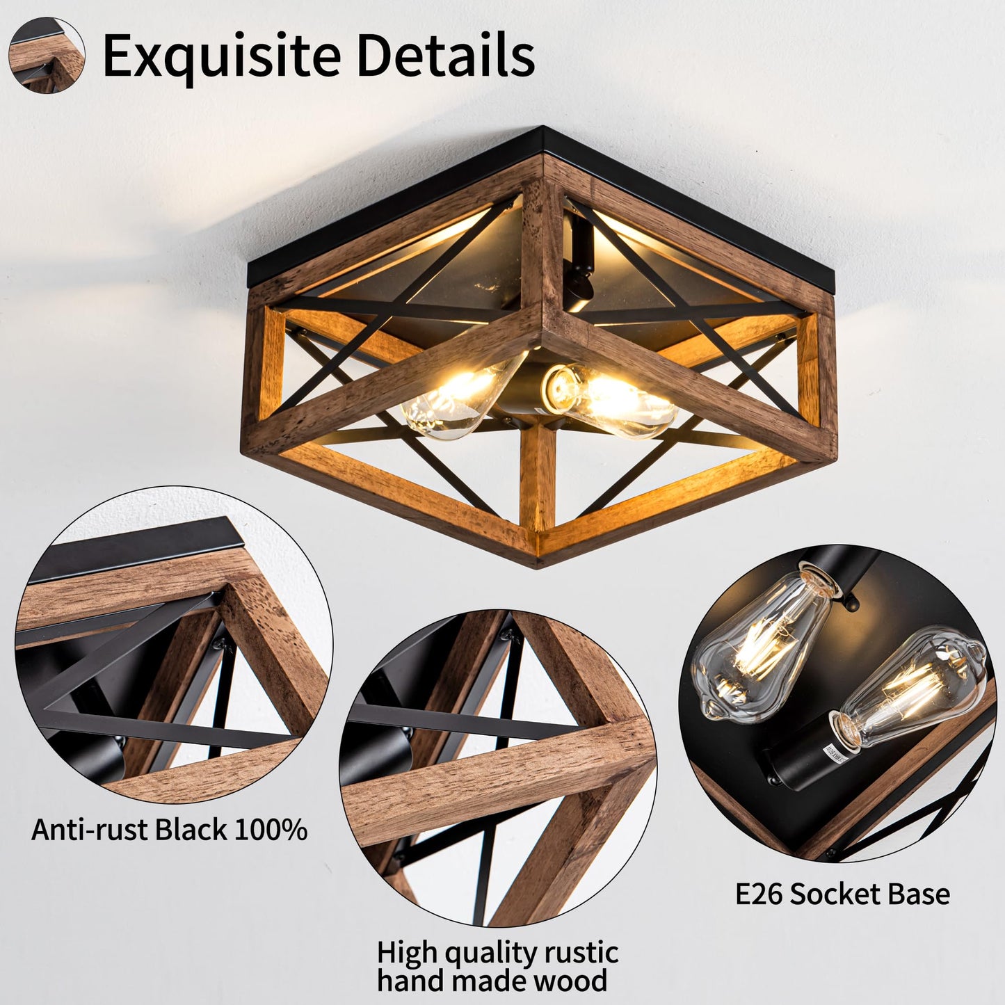 Rpzloila Flush Mount Ceiling Light Fixture for Kitchen Hallway, 2-Light Close to Ceiling Light with Black Metal and Wood Design, Rustic Farmhouse Ceiling (Bulb not Included)