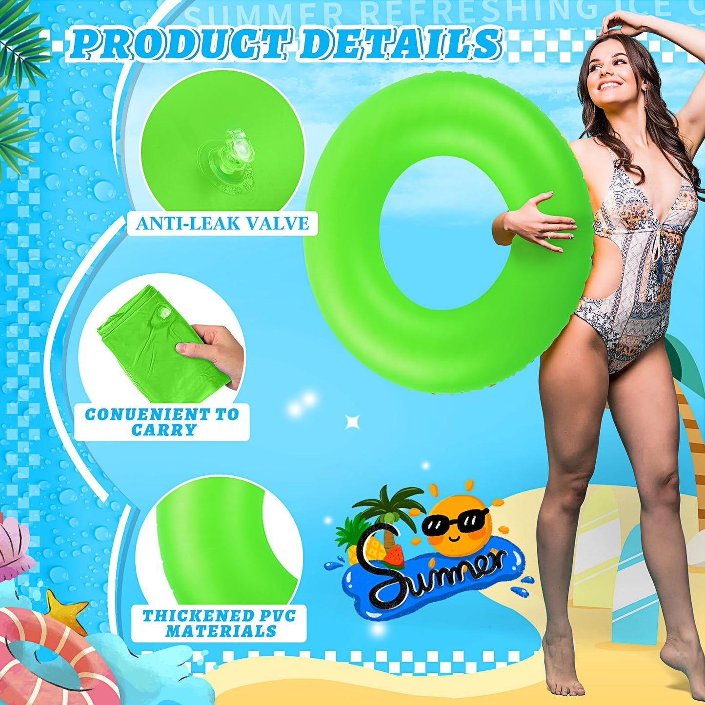 Civaner 12 Pieces Inflatable Pool Floats, 35 Inches Neon Swim Tubes for Adults Ring Pool Floaties Bulk for Beach, Summer, Holiday, Bachelorette Party Decorations