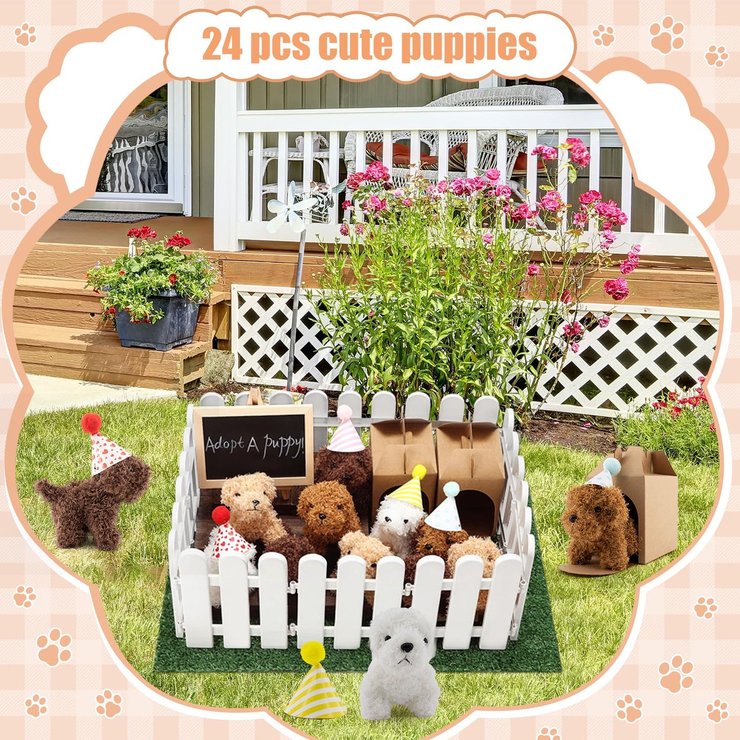 Rigibright 90Pcs Adopt A Puppy Party Favors Mini Plush Stuffed Animals Set Includes 24 Mini Dogs Birthday Hats White Plastic Fence with Artificial Lawn for Adopt A Pet Theme Birthday Party