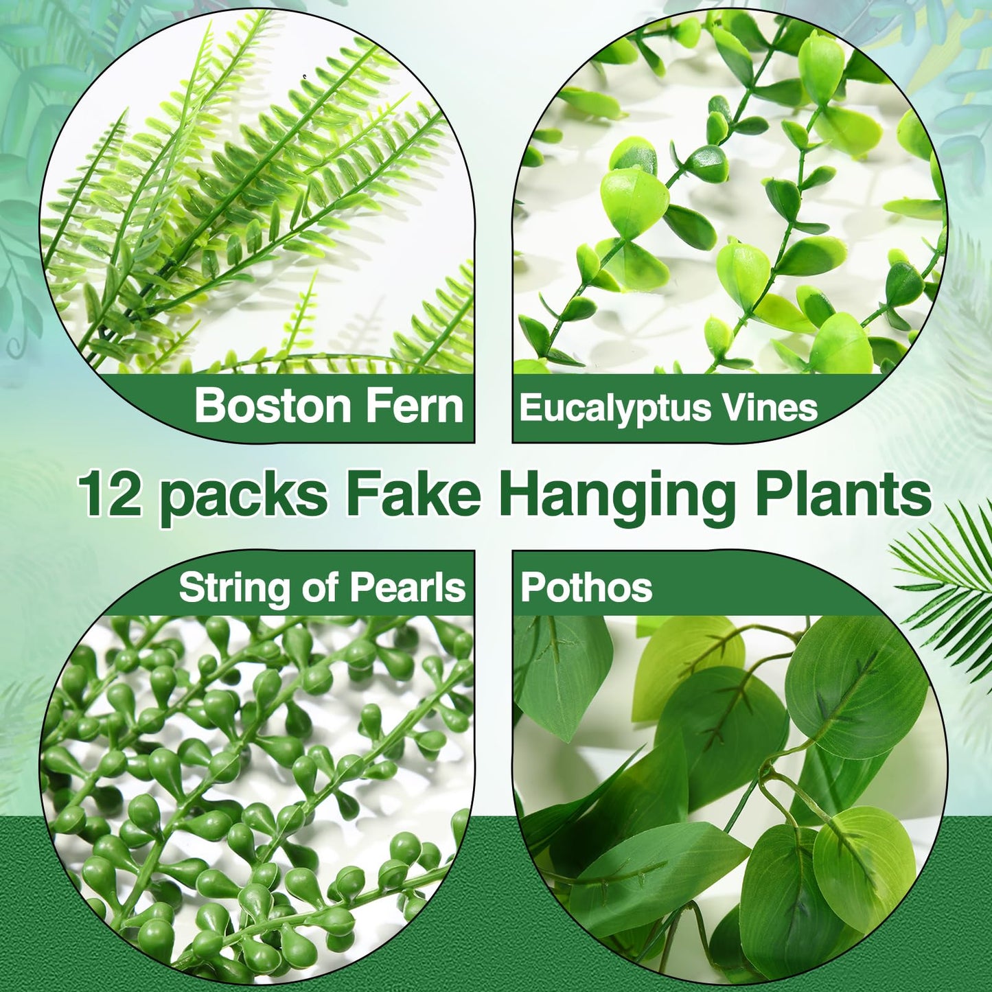 Daifunli 12 Pcs Artificial Hanging Plants Fake Hanging Ferns Plastic Faux Plants for Wall Room Garden Garland Indoor Outdoor Decor No Basket (Boston,Eucalyptus,Ivy Vine,String of Pearls)