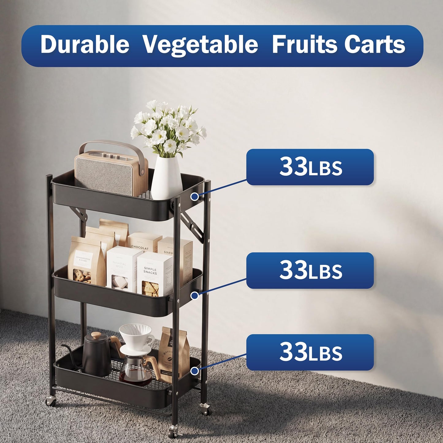 JAQ No Assembly Required Under Desk Rolling Cart, 3-Tier Foldable Metal Utility Cart, 26.8" Low Profile Storage Cart with Wheels, 10" Narrow Small Space Organizer, Black