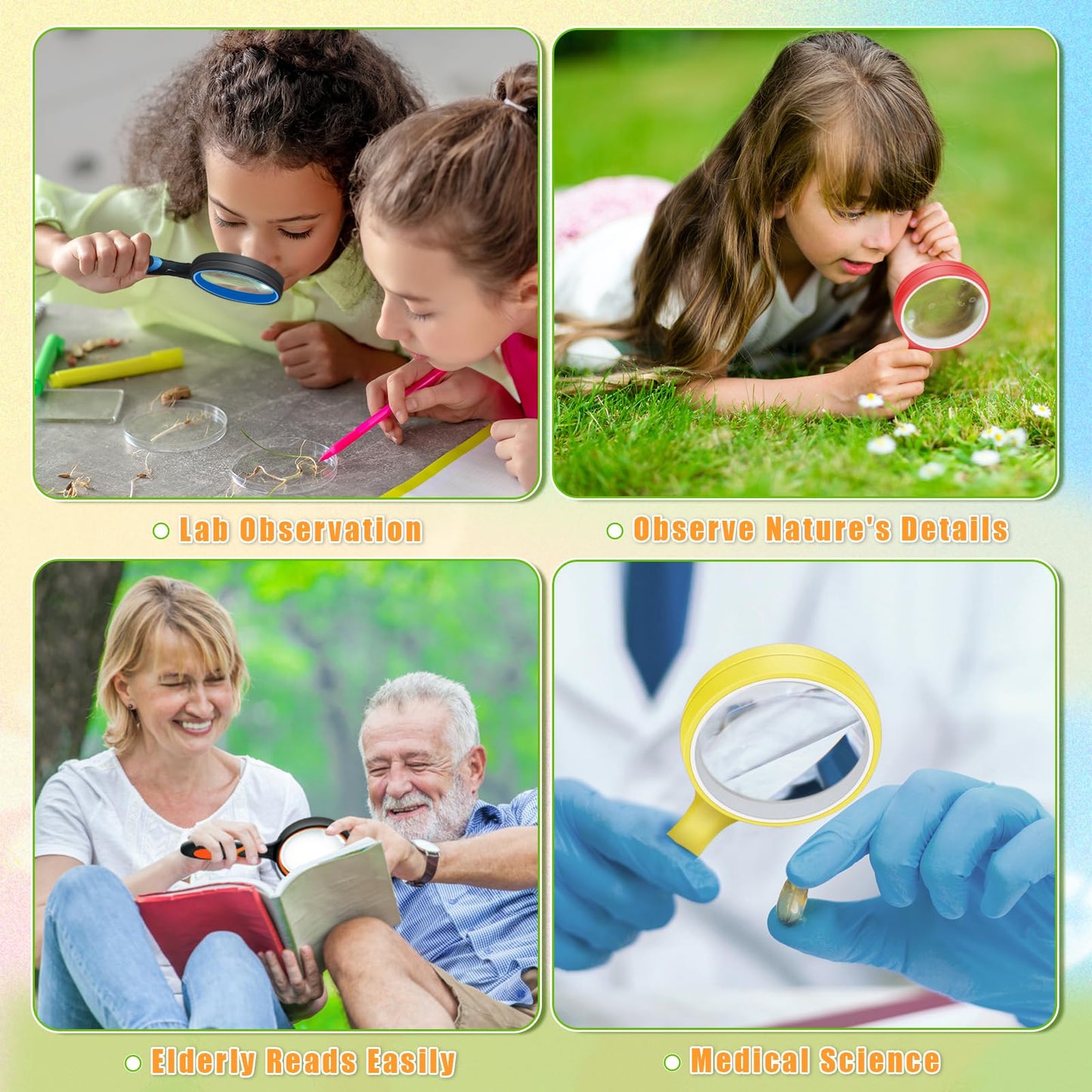 Leffis 24 Pack Magnifying Glass, 50mm 10X Glasses Lens Reading Magnifier for Kids and Seniors, Non-Slip Handheld Magnifying Glass for Close Work, Nature Exploration