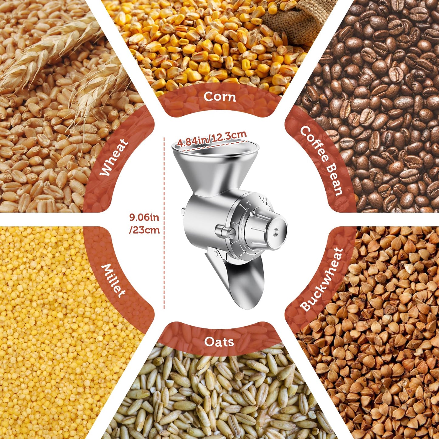All Metal Grain Mill Attachment for KitchenAid Stand Mixer, 9 Levels Grain Mill, Flour Mill, Fit for Non-Oily Dry Grain Corn, Coffee Bean, Buckwheat, Oats, Millet, Wheat and Other Cereals