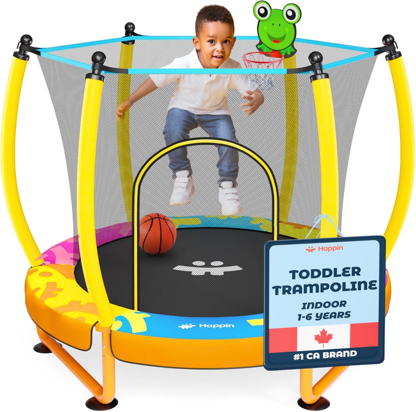 Happin 55” Toddler Trampoline, Indoor & Outdoor Playset Ages 1-8, 5FT Kids Trampoline, Ultra Safe Mini Trampoline for Kids with Safety Enclosure Net, Gifts for Birthday Boys & Girls, Basketball Hoop