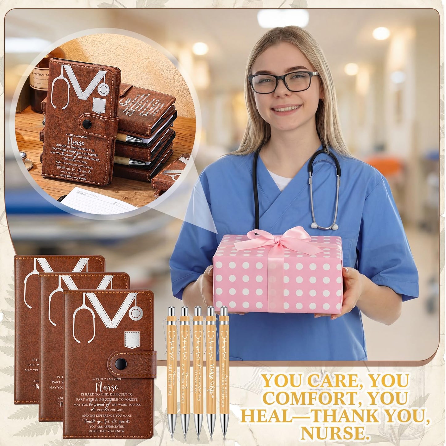 Spiareal 20 Sets Cna Week Gift for Nursing Graduation, Pinning Ceremony Gifts, 3.74 x 6.1 Inches Inspirational Hardcover Notebook with Bamboo Pen for Nurse RN LPN CNA (Brown)