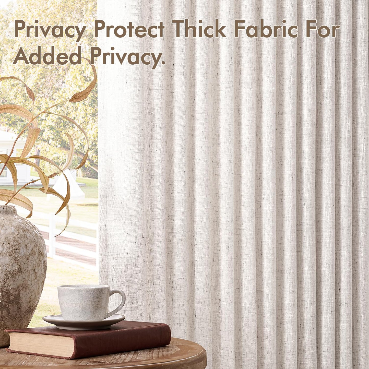 MIULEE Pinch Pleated Thick Linen Curtains 96 Inches Long 2 Panels for Living Room Bedroom, Memory Trained Pleat Drapes Light Filtering Natural Birch Semi Sheer Window Curtains Hooks Rings Back Tab