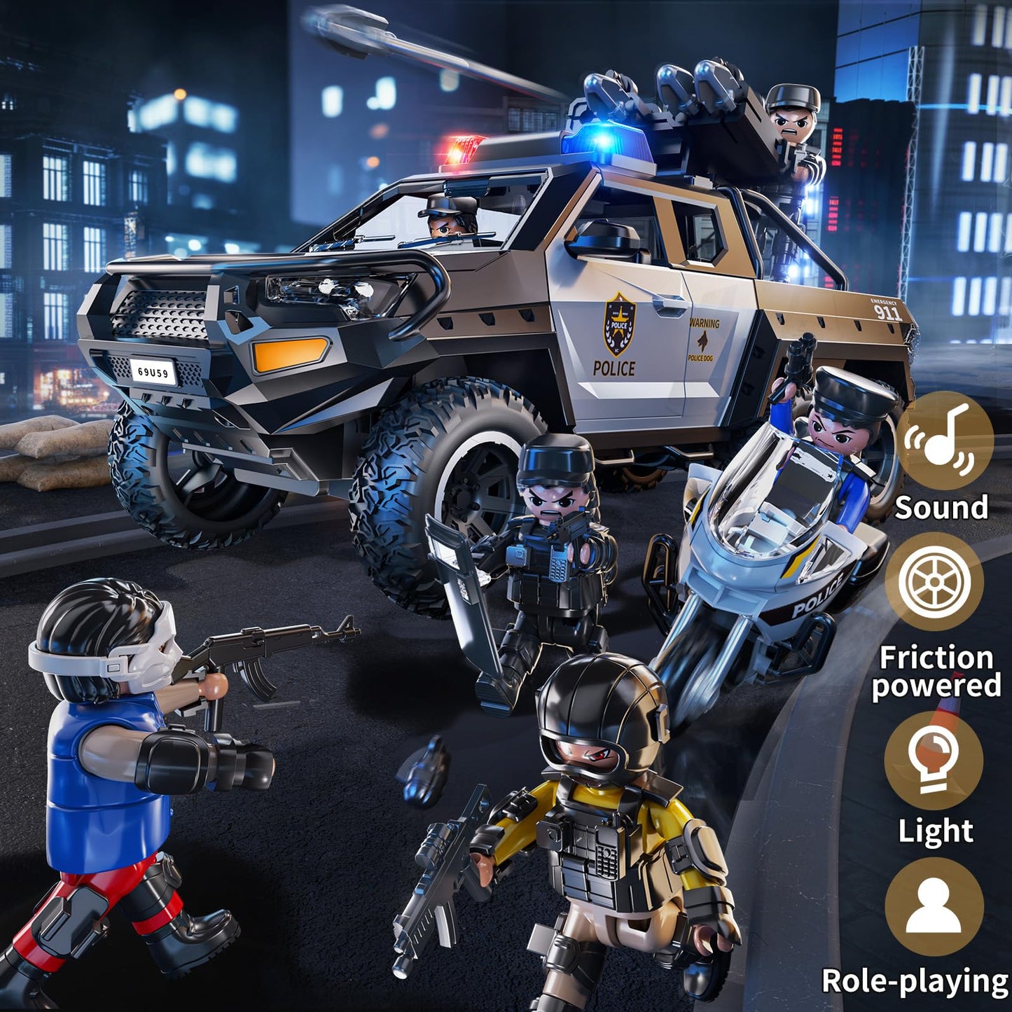 MSKOLER Police Car Toys for Boys 3-5, Play Vehicles for Boys Girls Ages 3-12 with Light and Sound, Role Playing Police Truck Toys, Toddler Truck Gifts for Kids Ages 4-8