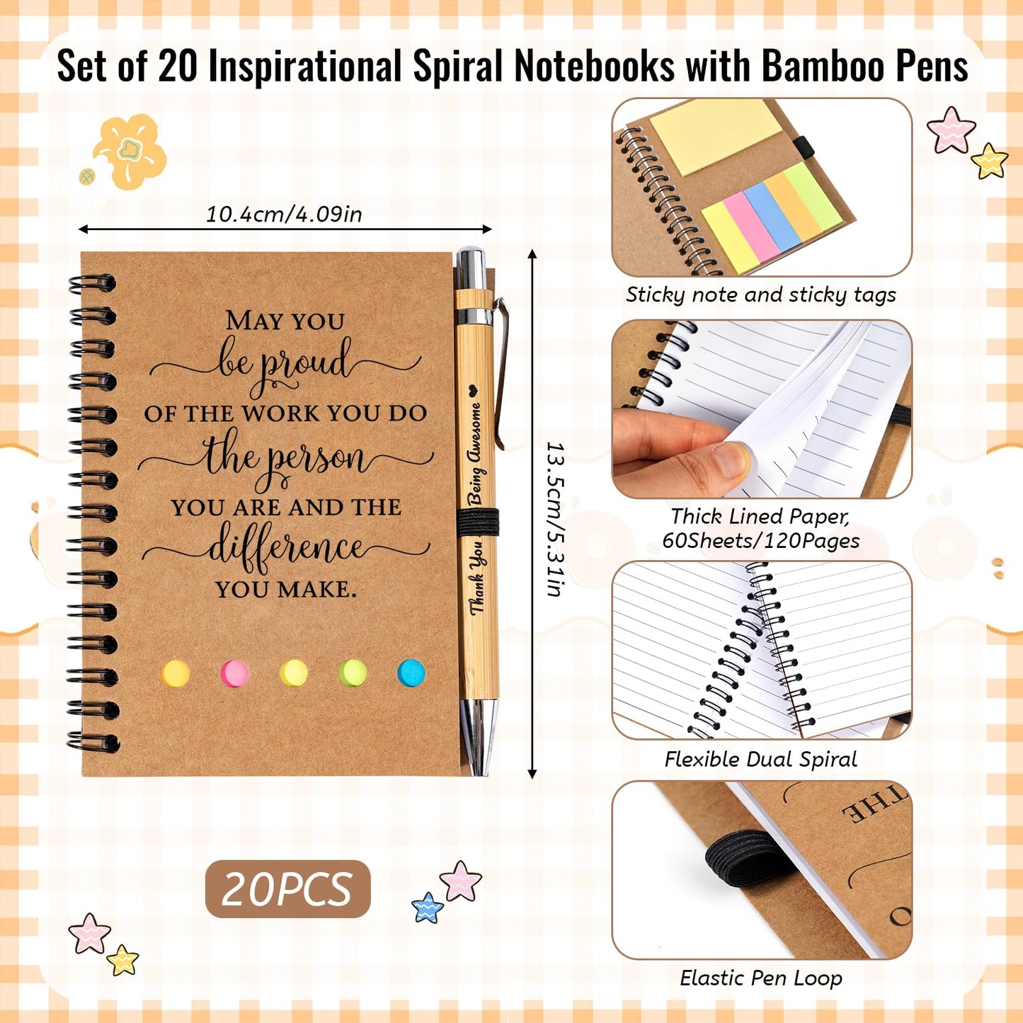 20 Sets Employee Appreciation Gifts Bulk Inspirational Spiral Notebook Journal with Sticky Notes Motivational Bamboo Pen Thank You Gifts for Teacher Graduation Nurse Coworkers Office Staff Team