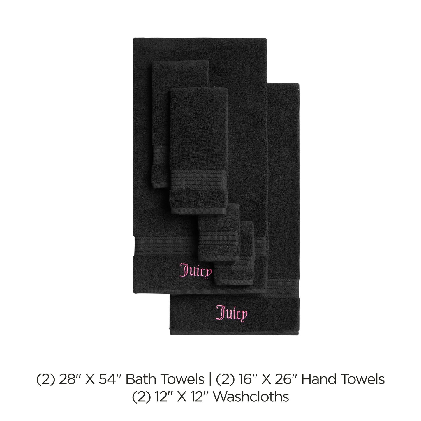 Juicy Couture Alyssa Luxurious 6 Piece Bath Towel Set - (2) Bath Towels, (2) Hand Towels, and (2) Washcloths - Black Premium Bathroom Towel Set