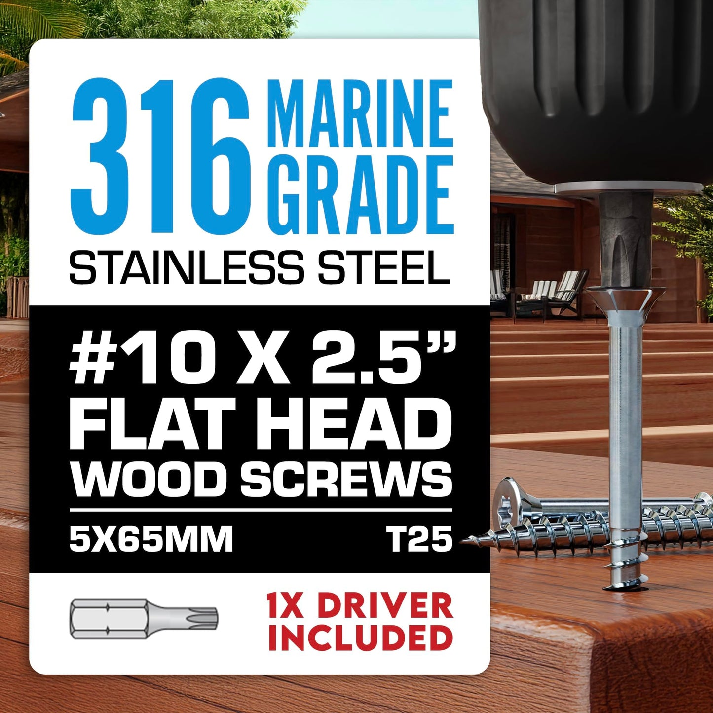#10 x 2 1/2 Inch 316 Stainless Steel Screws Marine Grade (350 Pack, T25 Star) | Stainless Steel Wood Screws w/Driver Bit by Eagle Claw Fasteners | High Corrosion Resistance for Coastal Construction