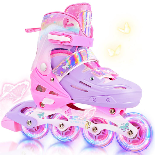 2PM SPORTS Kids Inline Skates Girls Ages 5-8 8-12 4-6 6-12 10-14 with Light Up Wheels, Adjustable Kids Blades Roller Skates for Girls Beginner Youth Outdoor Size 11C 1 2 3 4 5 6 7 8 Pink Butterfly