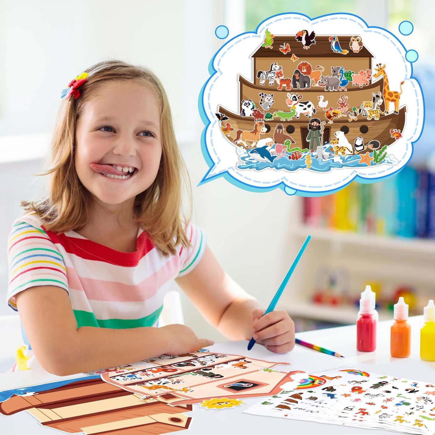 Tenceur 24 Sets Noah's Ark Sticker Scene Including 24 Pcs Noah's Ark Backgrounds and 24 Sheets Animal Stickers, Sunday School Crafts Decorations for Classroom Activities