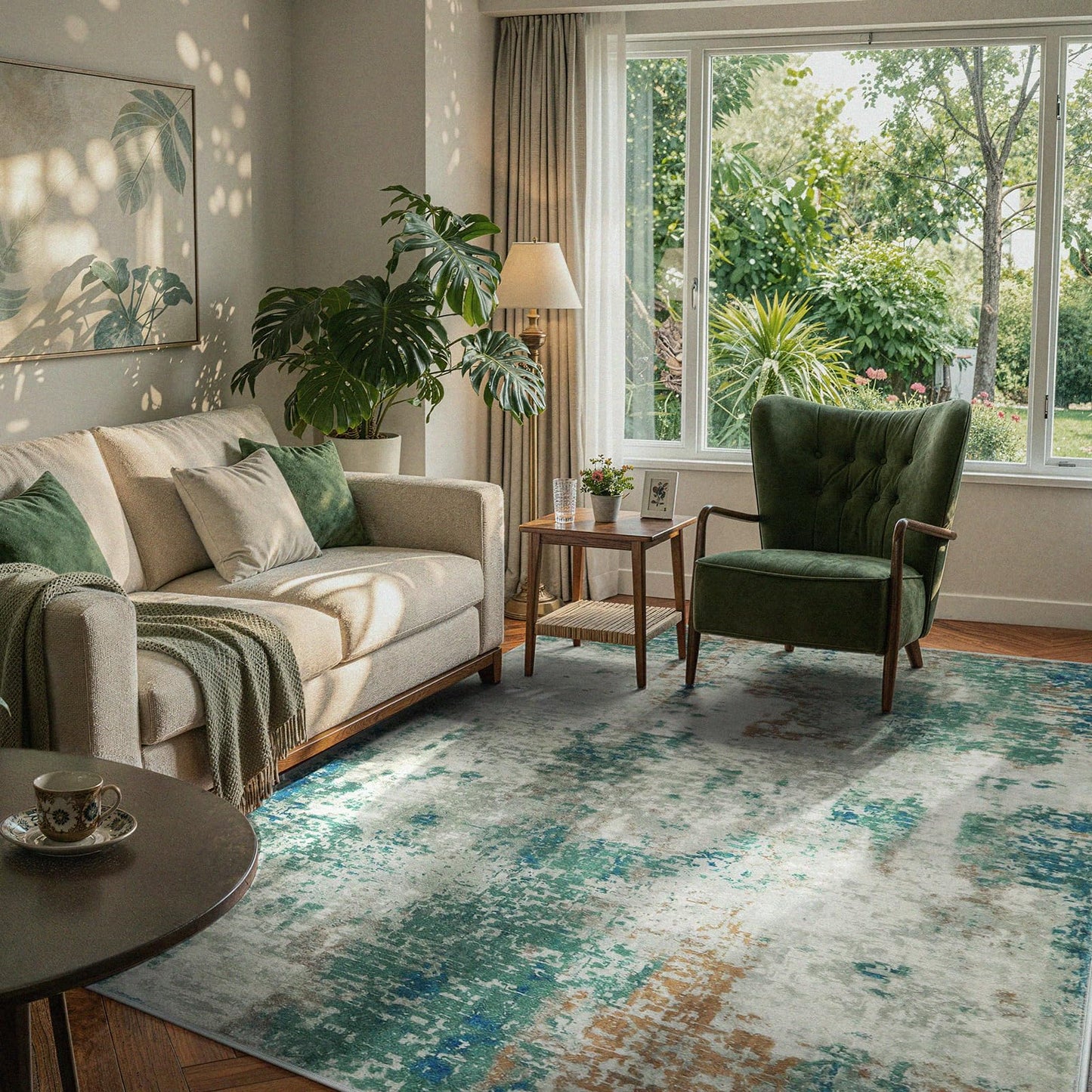 Lahome Modern Abstract Area Rug 5x7 Rugs for Living Room, Washable Accent Bedroom Rug Non-Slip Non Skid, Indoor Floor Contemporary Carpet for Kitchen Bathroom Laundry,Green/Grey