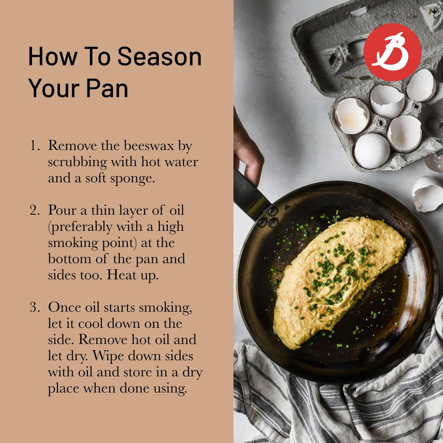De Buyer MINERAL B Carbon Steel Omelette Pan - 8” Diameter, 6.9” Cooking Surface - PFAS, PFOA & PFOS Free - Made in France