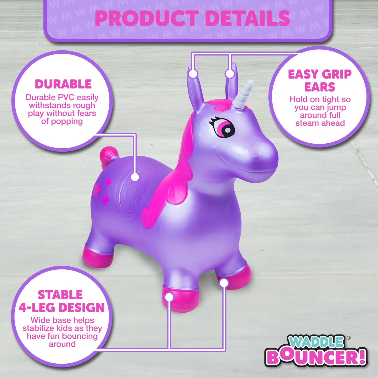Waddle Bouncy Hopper Inflatable Hopping Animal, Indoors and Outdoors Toy for Toddlers and Kids, Pump Included, Boys and Girls Ages 2 Years and U (Purple Pink Unicorn)