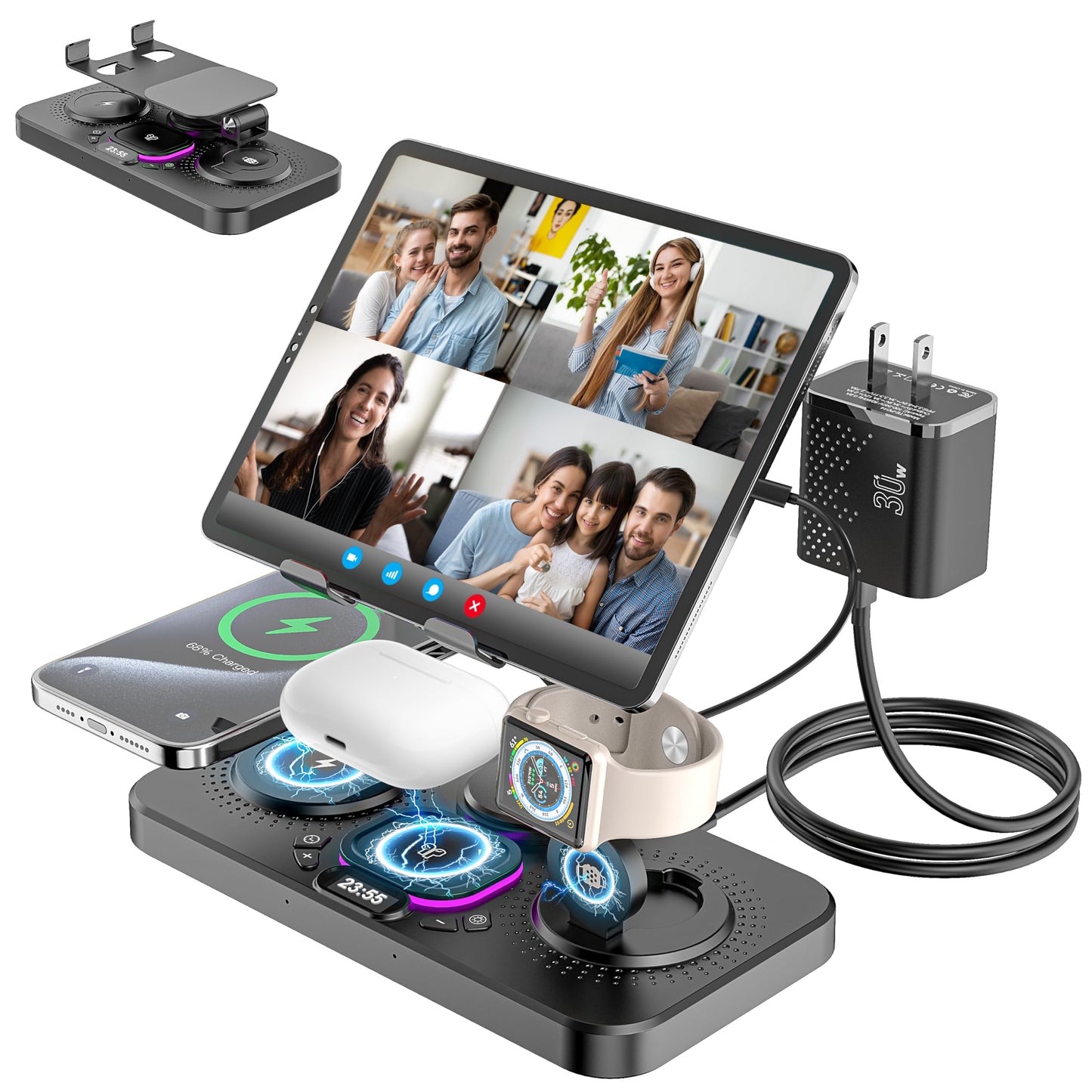 RFVUC 6 in 1 Wireless Charging Station, 30W Wireless Charger with Clock & 7-Color Night Light, Charging Stand Dock for iPhone 16/15/14/13/12/Pro/Max/XR/Samsung Galaxy,for AirPods iPad Apple Watch