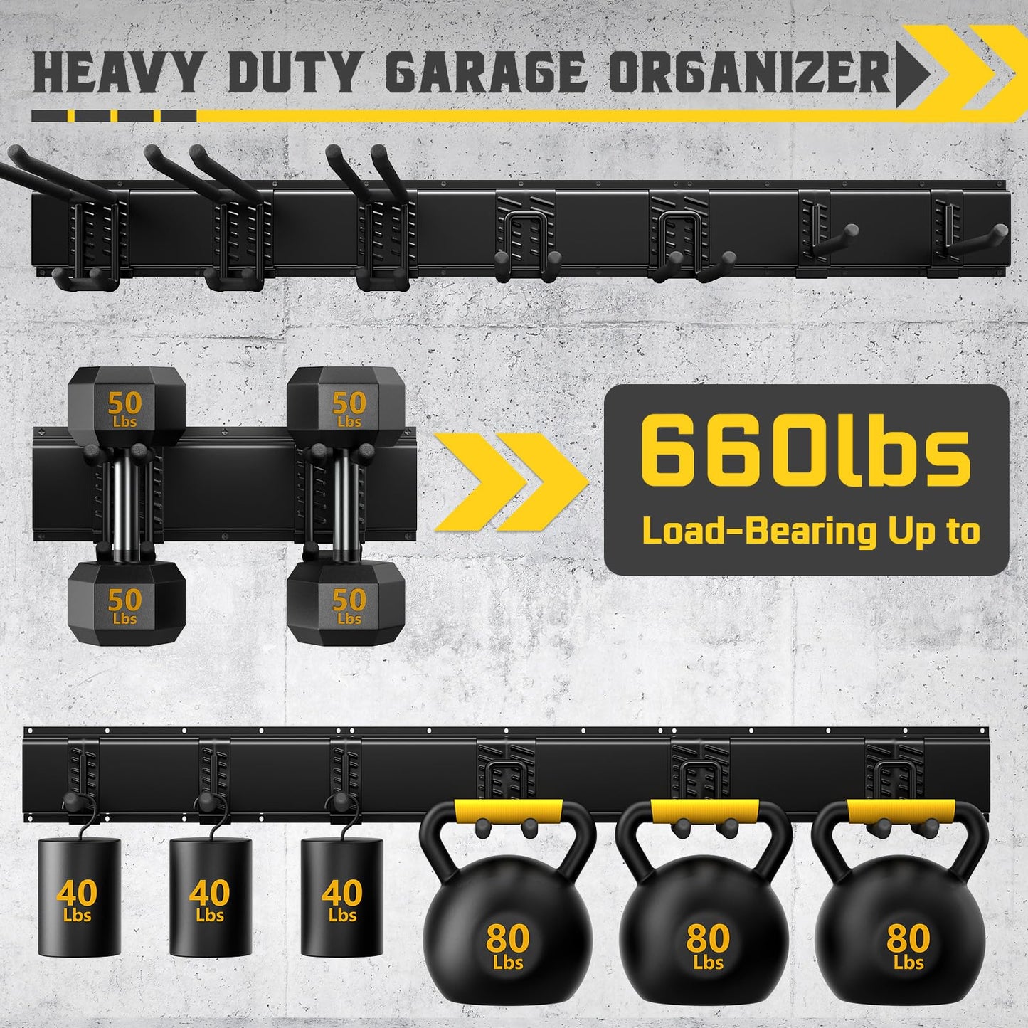 YZSFMZGE 96" Garage Tool Organizer Wall Mount, 1250lbs Heavy Duty Garden Tool Storage Rack with 15 Adjustable Hooks for Yard, Shed, Garage (6 Racks, 15 Hooks, 2 Straps, Steel)