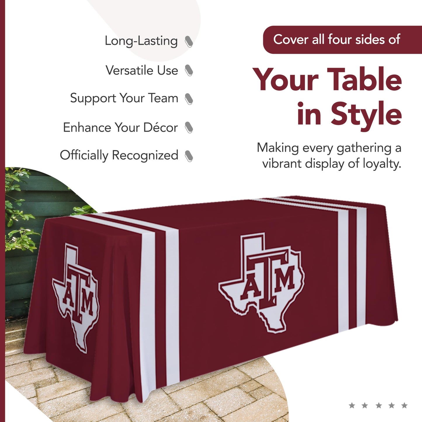 Victory Corps Texas A&M Aggies 6' College Sports Printed Table Throw - NCAA Licensed - Polyester Draped - School Tablecloth (Maroon, White)