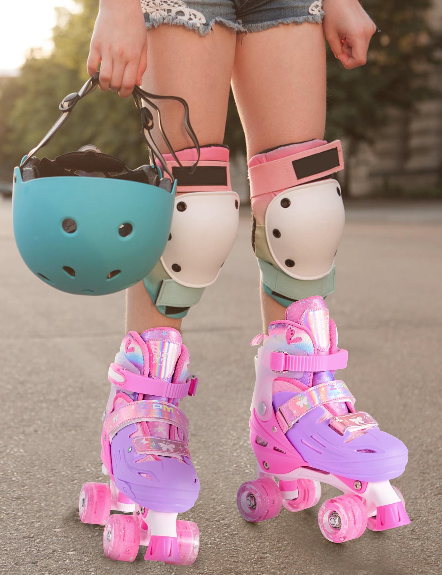 2PM SPORTS Roller Skates Girls Ages 5-8 8-12 3-5 4-7 6-12 with Light Up Wheels, Outdoor Indoor Girls Rollerskates for Kids Beginner Size 10C 11C 12C 13C 1 2 3 4 5 6 Pink Butterfly