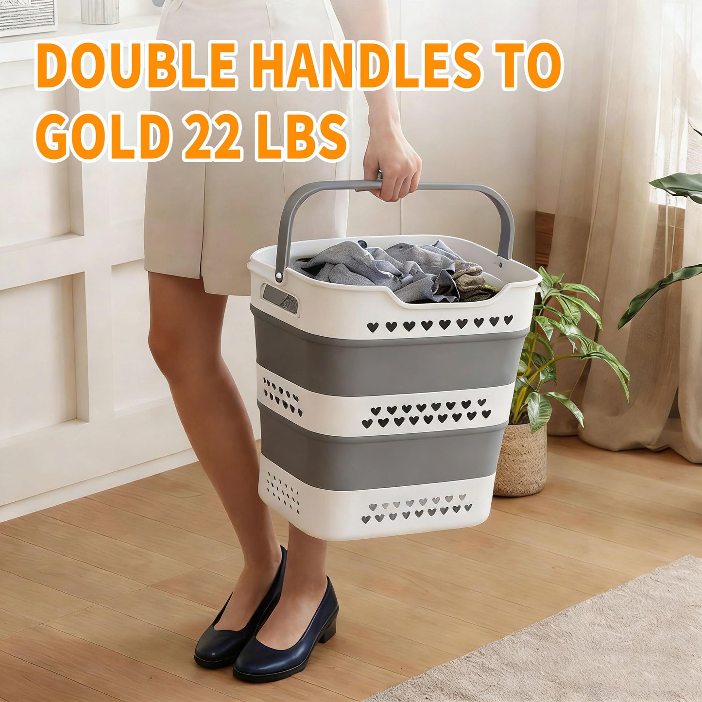 2 Pcs 42L Medium Collapsible Plastic Laundry Basket with Handles, Foldable Laundry Basket Hamper, Pop Up Storage Container Organizer for Washing Storage (Gery, 17 Inch * 13 Inch * 15 Inch)