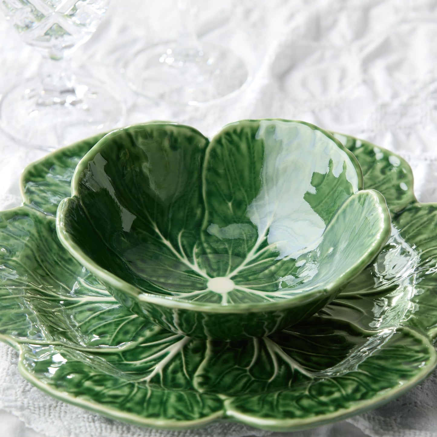 Le Jardin Green Cabbage Plates 3D CEREAL/SOUP BOWLS, SET Of 4 – 7" Sculpted Green Stoneware Leaf Bowls – Garden-Inspired Stoneware for Breakfast, Snacks & Everyday