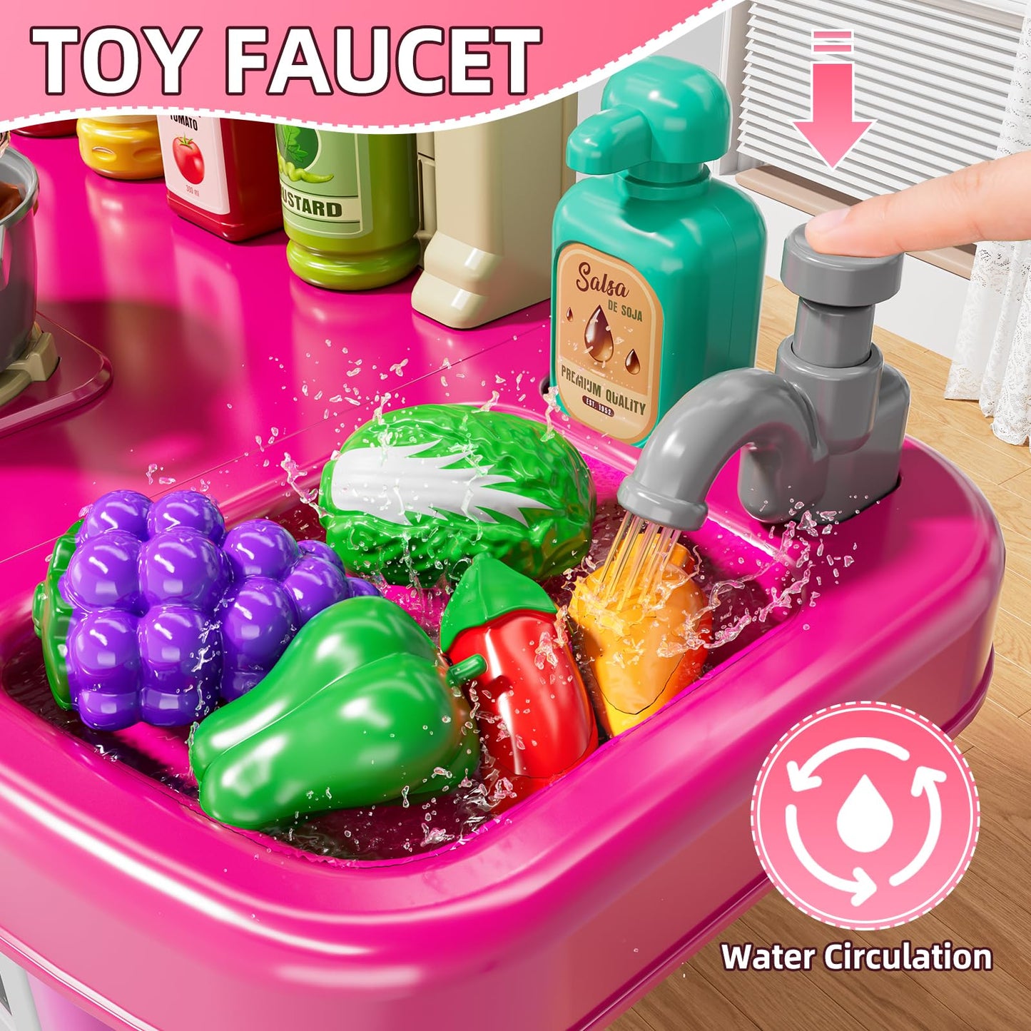 MSKOLER 36 in Kids Kitchen Playset for Ages 2-6 4-8, Play Kitchen with Light, Sound and Spraying, Sink Toy Accessories, Cooking Stoves, Pretend Food Toys for Toddlers 1-3 3-5 Boys Girls 6-12 (Pink)
