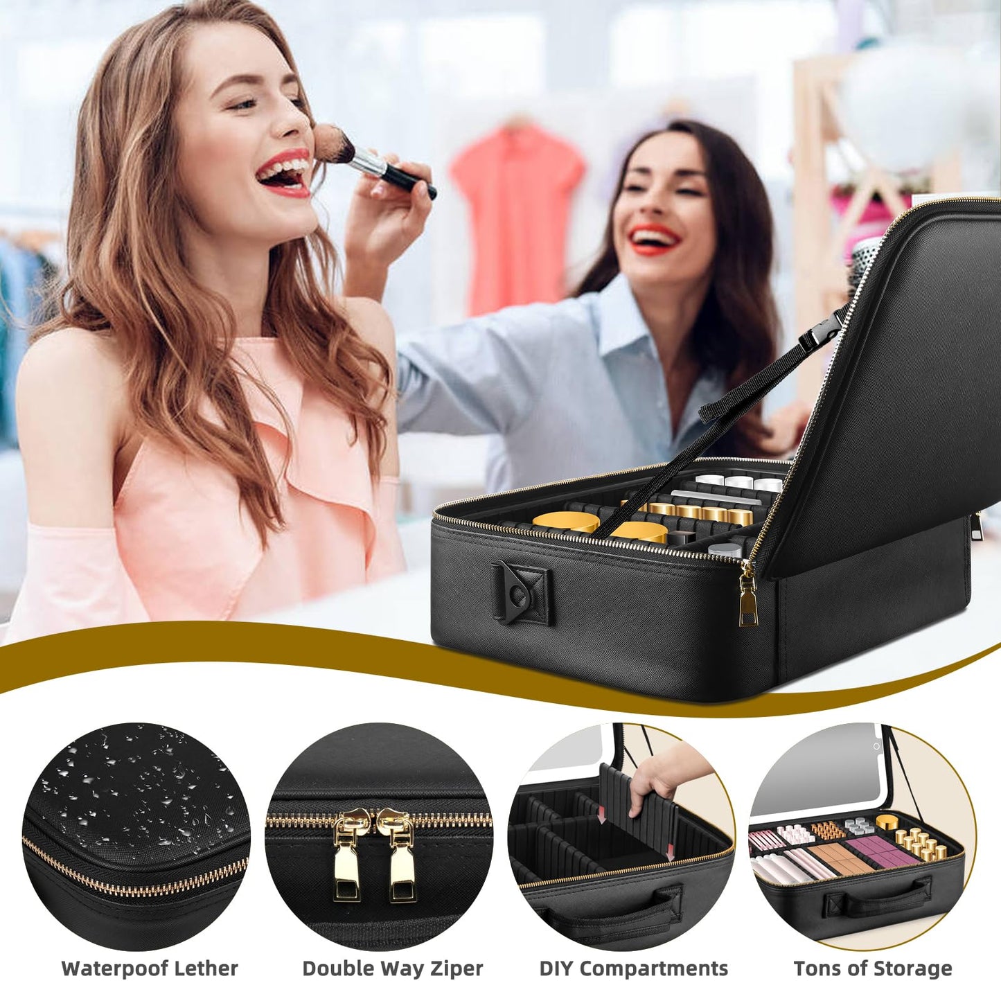 JJhxr 15''X11'' Makeup Bag with Removeable Lighted Mirror, Travel Makeup Case with 3 Color Lights Dimmable Brightness, Large Capacity Cosmetic Organizer Case with Detachable Dividers & Shoulder Strap