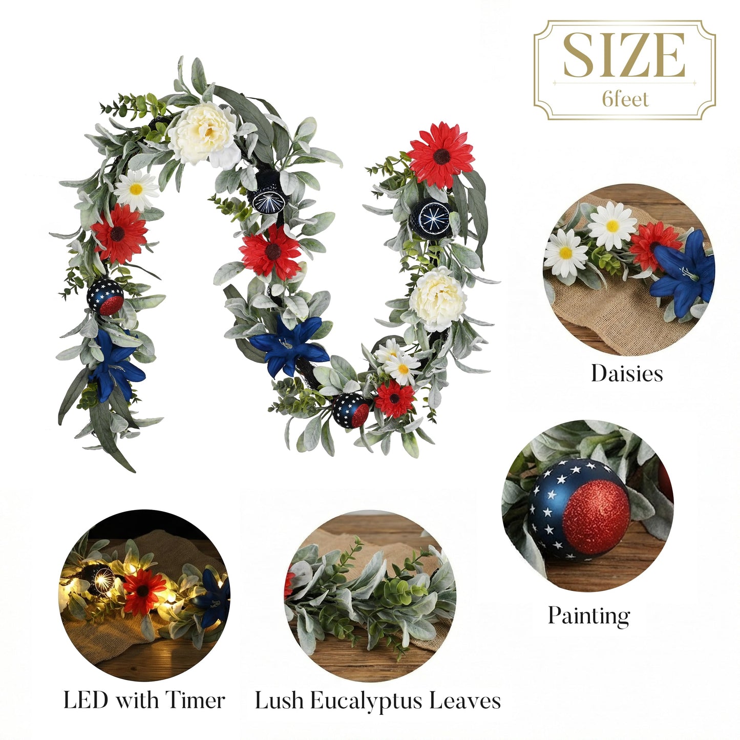 Valery Madelyn 6FT 4th of July Garland with Lights for Mantle, Red White Blue Patriotic Floral Garland Memorial Day Decorations with Ball Ornaments for USA 250th Anniversary Summer