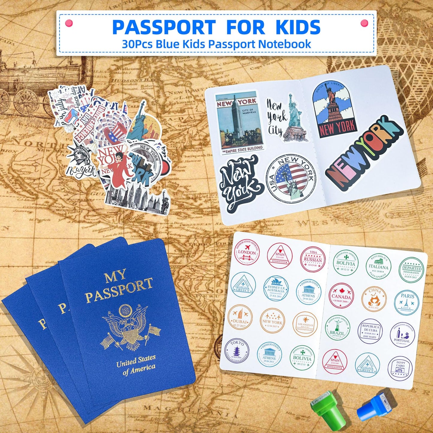 XIISVINT 100 Pcs Blank Passport Notebook Blue Passport Book Fake Passport Travel Journal Sticker Collection Book for Kids School Projects World Travel Pretend Activity Party Favors, 5.51x3.9 Inch