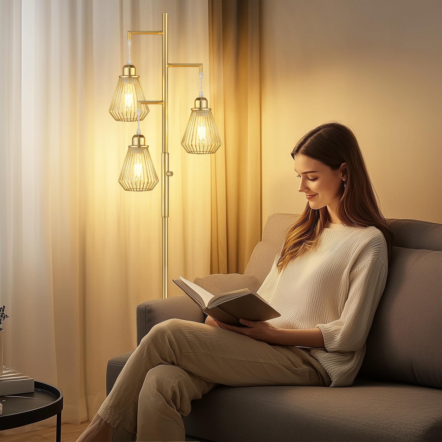 QiMH Industrial Floor Lamps for Living Room, Tree Standing Lamp with Stepless Dimmable, 68" Modern Tall Lamps for Bedroom Study Home Office, Rotary Switch, 3 LED Bulb Included, Gold