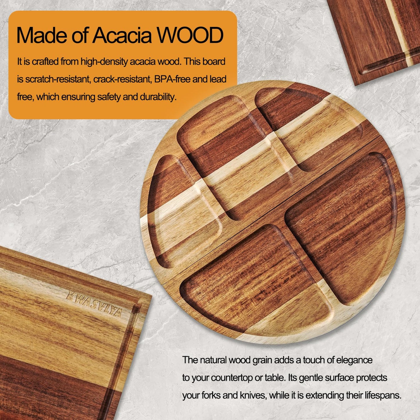 KWASVLYA Magnetic Charcuterie Board Set - Acacia Wood Serving Tray & Cutting Board with Modular Design, Juice Grooves, +4 Cutting Mats & Knives, 26x13 Inch, Gift for Home/Parties