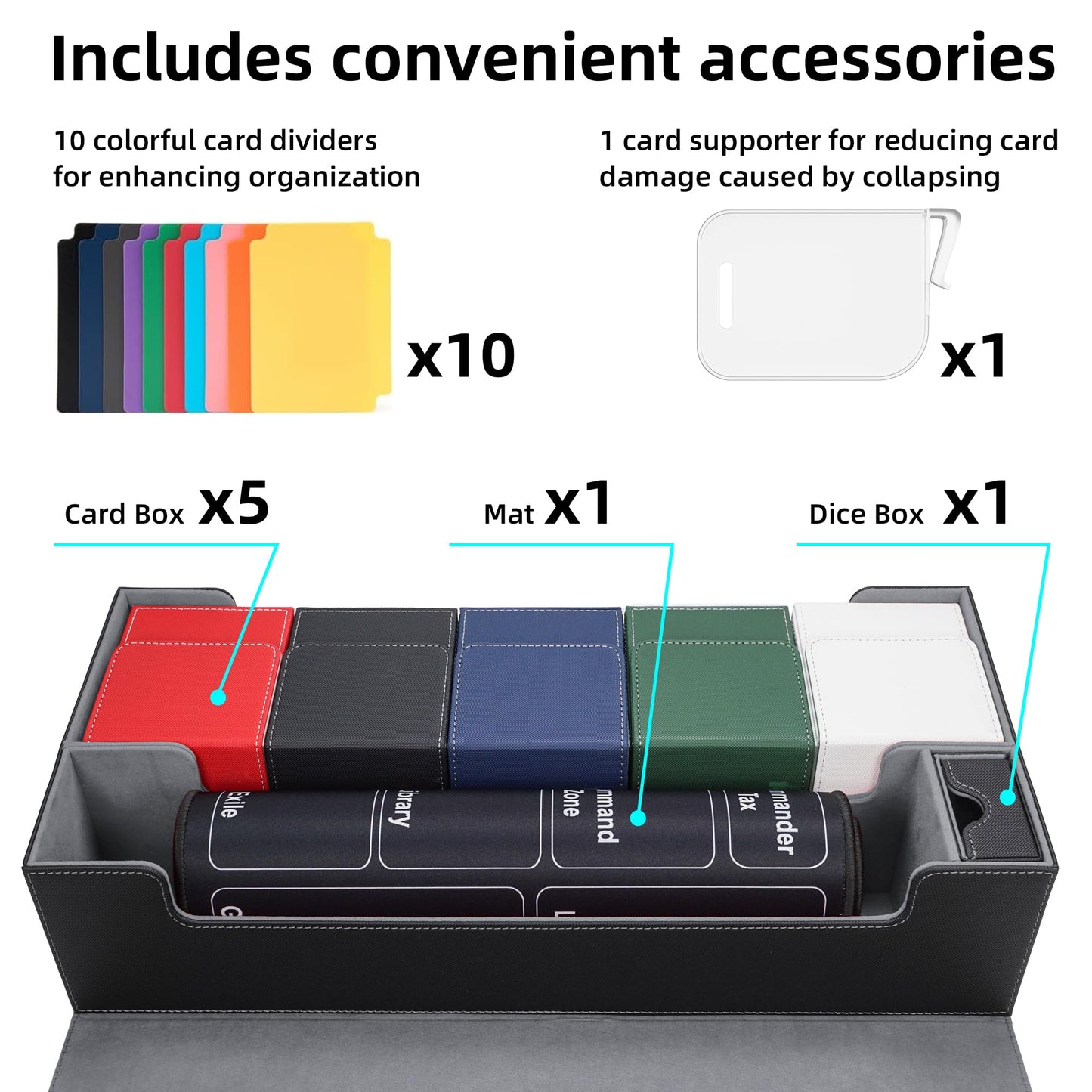 AFIING MTG Deck Box 6 In1 with MTG Playma,Premium Card Storage Box with 5 Pcs MTG Deck Box Holds 2400+ Trading Cards, Large TCG Card Deck Case for Magic Yugioh Sports Cards (Black&Grye)