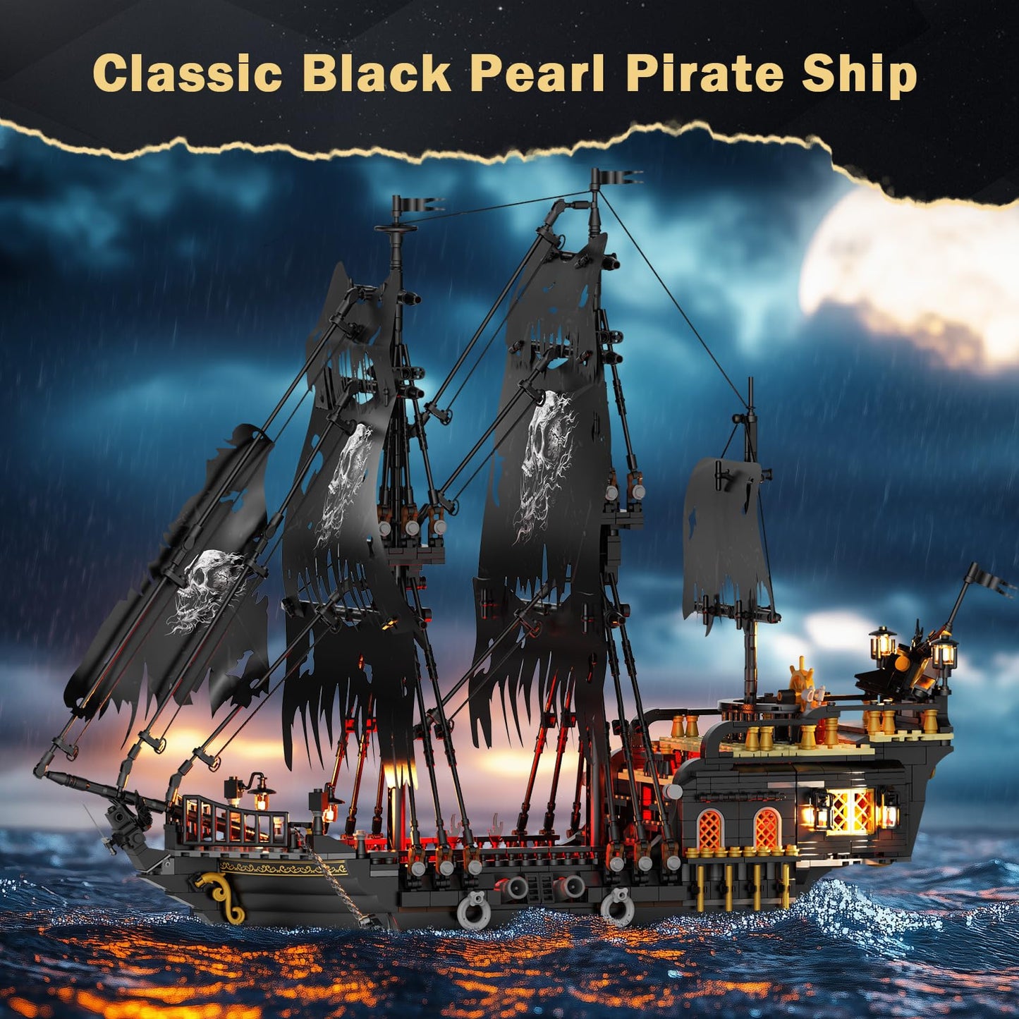 JMBricklayer Pirate Ship Building Toys with Lights, Pearl Pirate Ship Model Boat Kit 40002, Black Ship Toy Building Sets for Adult Teens 14+, Home Office Decor(1713 PCS) New Upgrade
