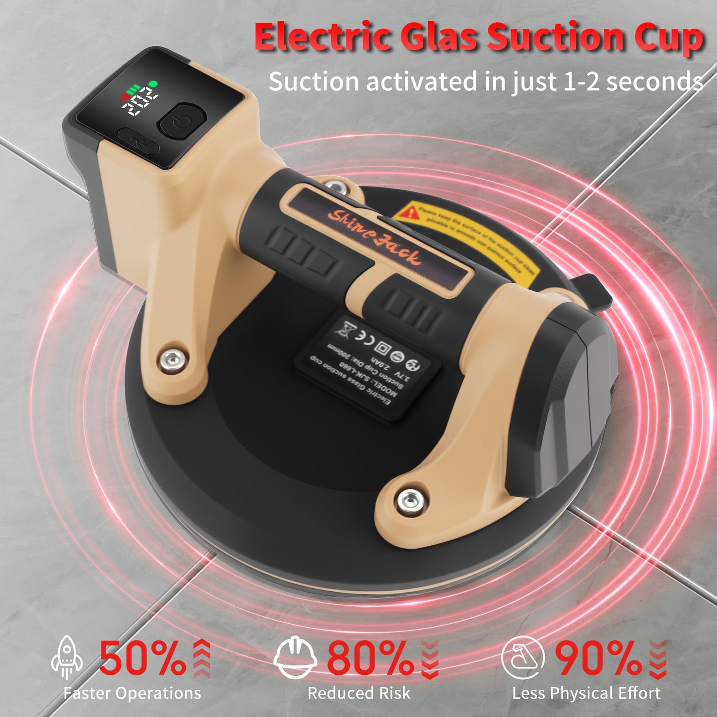 ShineJack 8“ Electric Heavy Duty Vacuum Suction Cup for Granite&Glass Lifting,Glass Suction Cup to Lift Large GlassMetalCeramic TileMarbleMDF,Hand-held Vacuum Lifter,600 lbs Load Capacity(2PCS)