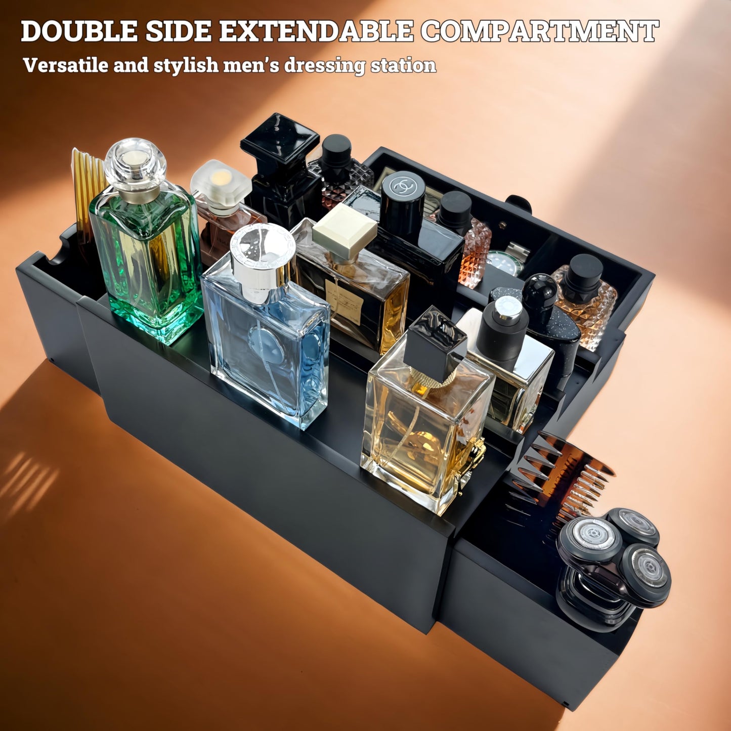 Wooden Cologne Organizer For Men 4 Tier Black | High Grade Velvet Lining and Stylish Gift Box | Double Side Compartment | Space Aid Cologne Holder | Perfume Display Stand | Men's Room Essential