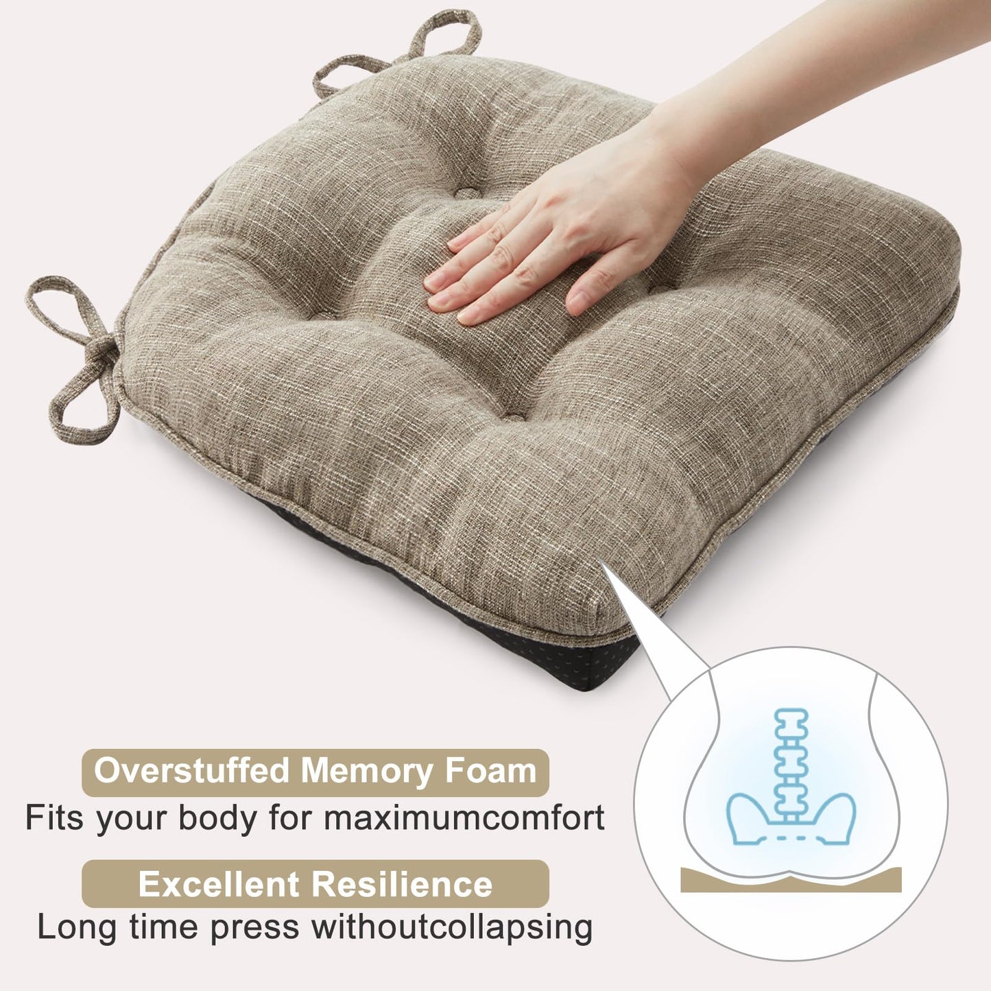Quilmfoam 16.5"x15.5" Kitchen Chair Cushions Set of 4 for Dining Chair, Soft Tufted Non-Slip Memory Foam Seat Cushion with Ties for Indoor Kitchen Dining Furniture, Khaki