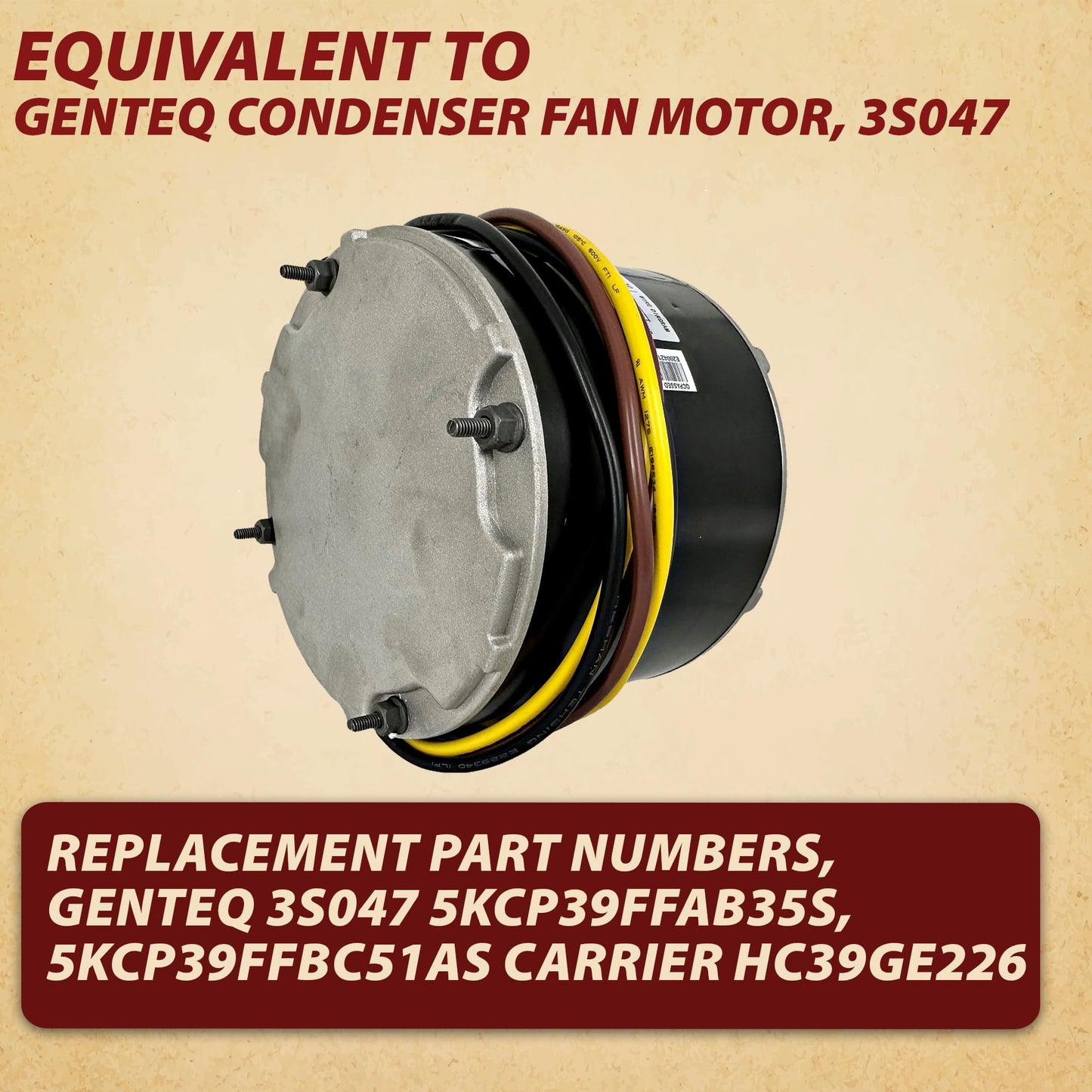 3S047 Carrier 1/4 HP, 1100 RPM, 208-230 V Condenser Fan Motor for 5KCP39FGU997AS, 5KCP39FGY563S, 5KCP39FFAB35S, HC39GE226, OEM Caliber