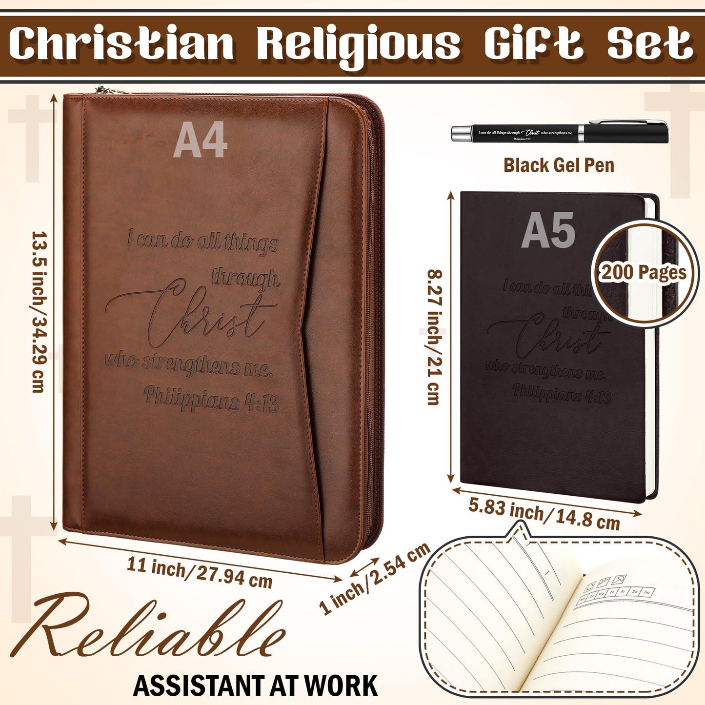 Fuyoooo 3 Pcs Father's Day Christian Gifts for Church Men Pastor's Appreciation Gifts Leather Bible Verse Portfolio Scripture Notebook Bible Pen Religious Coworkers Pastor(Philippians 4:13)