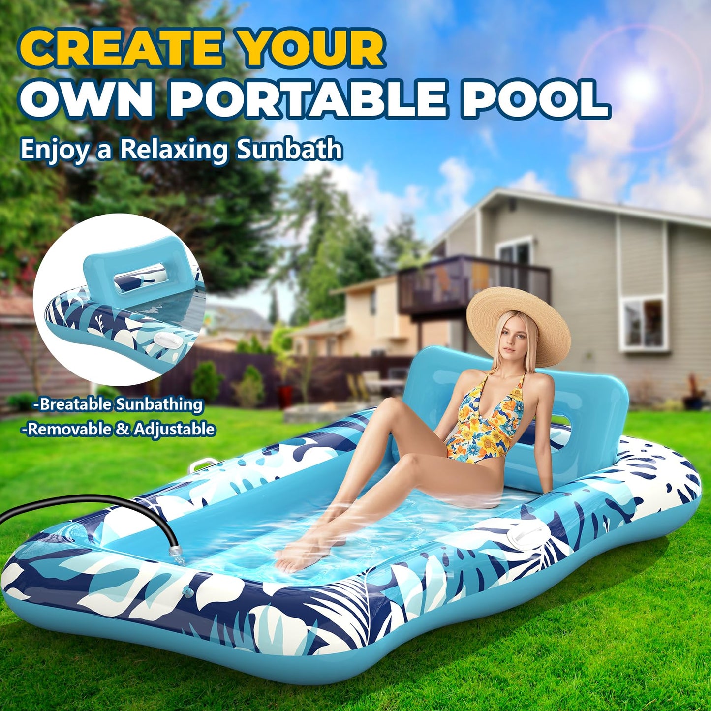 Pool Floats Adult,76" x 48" Inflatable Tanning Pool Lounger Float with Pillow,4 in 1 Suntan Tub Sunbathing Raft Floatie Water-Filled Mattress Kids Pool Ball Pit,Perfect for Lake Water Party & Relax