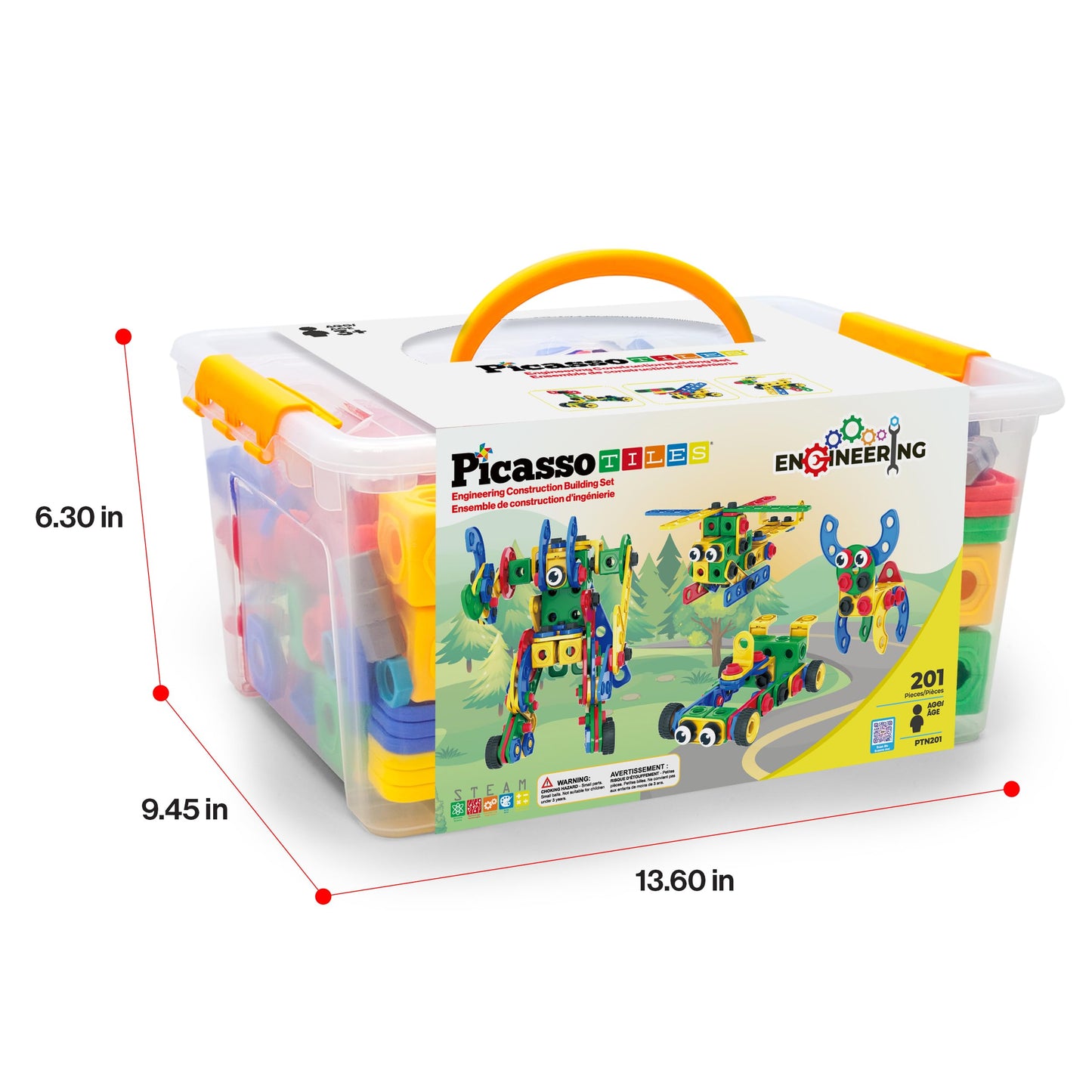 PicassoTiles STEM Learning Toys 201 Piece Building Block Kids Construction Engineering Kit Toy Blocks Children Early Education Playset w/Free IdeaBook, Power Drill, Clickable Ratchet, Age 3+ PTN201