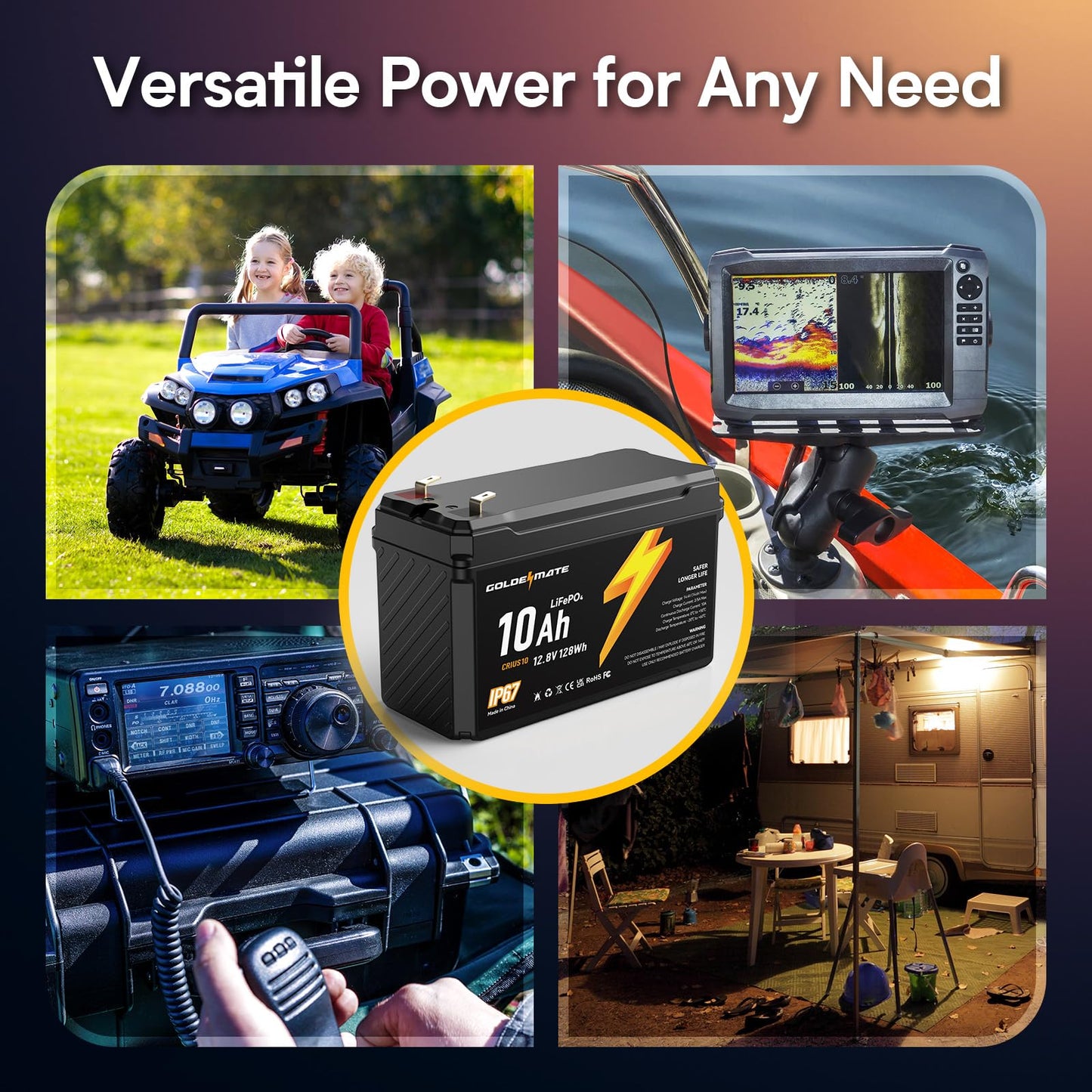 GOLDENMATE 12V 10Ah LiFePO4 Lithium Battery(2 Packs), 5000+ Deep Cycles, IP67 Waterproof Lithium Iron Phosphate Battery, Built-in BMS, Ideal for Power Wheels, Solar, Marine, Fish Finder, Ride-on Toy