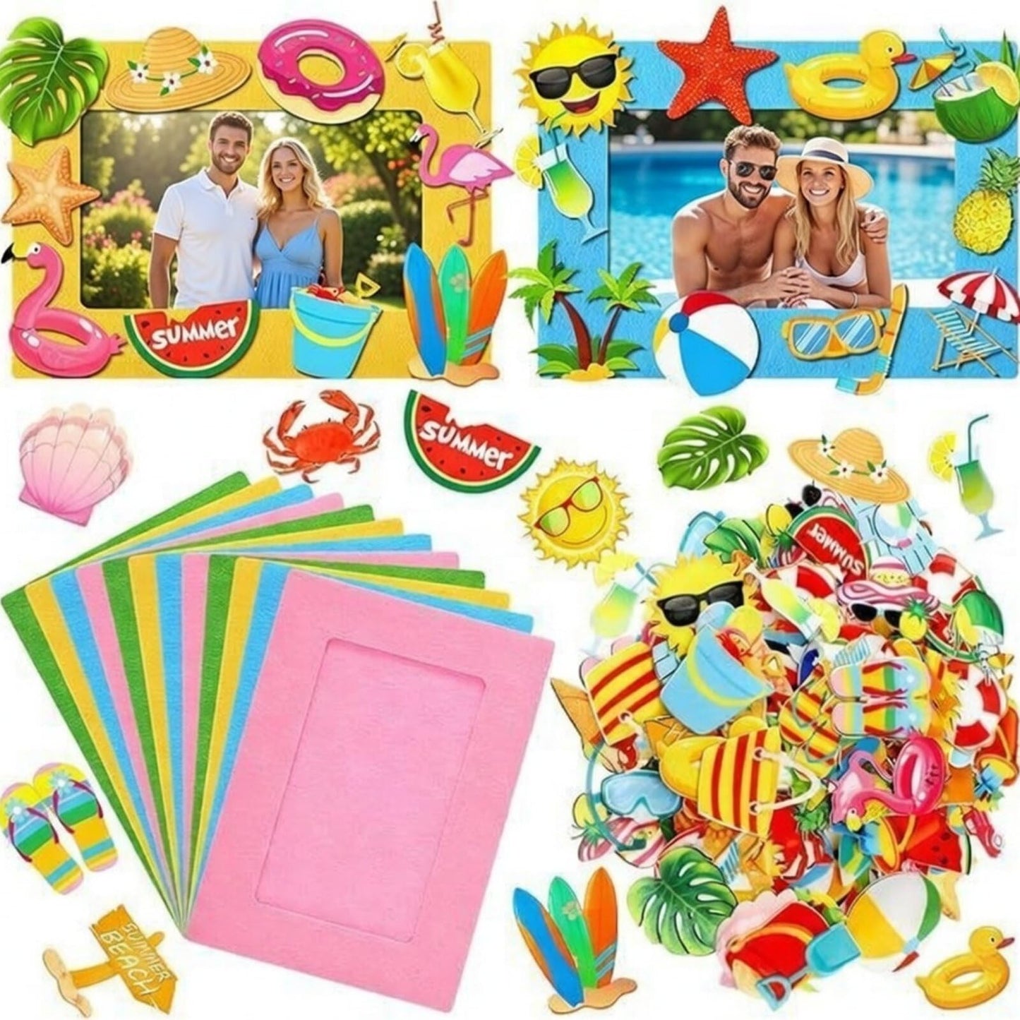Marsui 232 Pieces Summer Ocean DIY Picture Frame Craft Kit for Kids 32 Pieces Under The Sea Felt Photo Frames and 200 Pieces Foam Stickers for Holiday Game Activities Classroom Decoration (Beach)