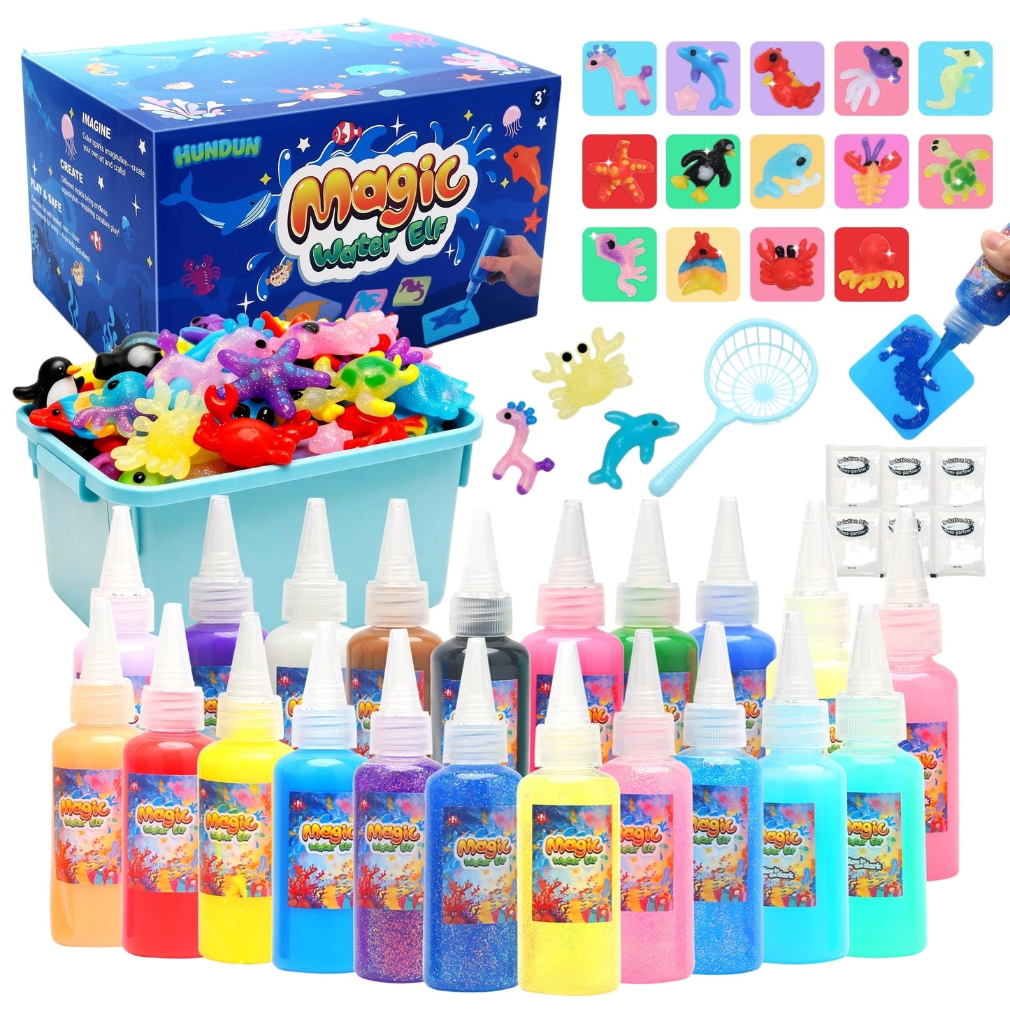 HunDun 21 Colors Magic Water Gel Kit for Kids, Water Gel Kit Pets,21 Gels & 14 Molds,DIY Squishy Toys Maker Set.Night Glow & Glitter, Birthday Gifts for Kids Toys 3+