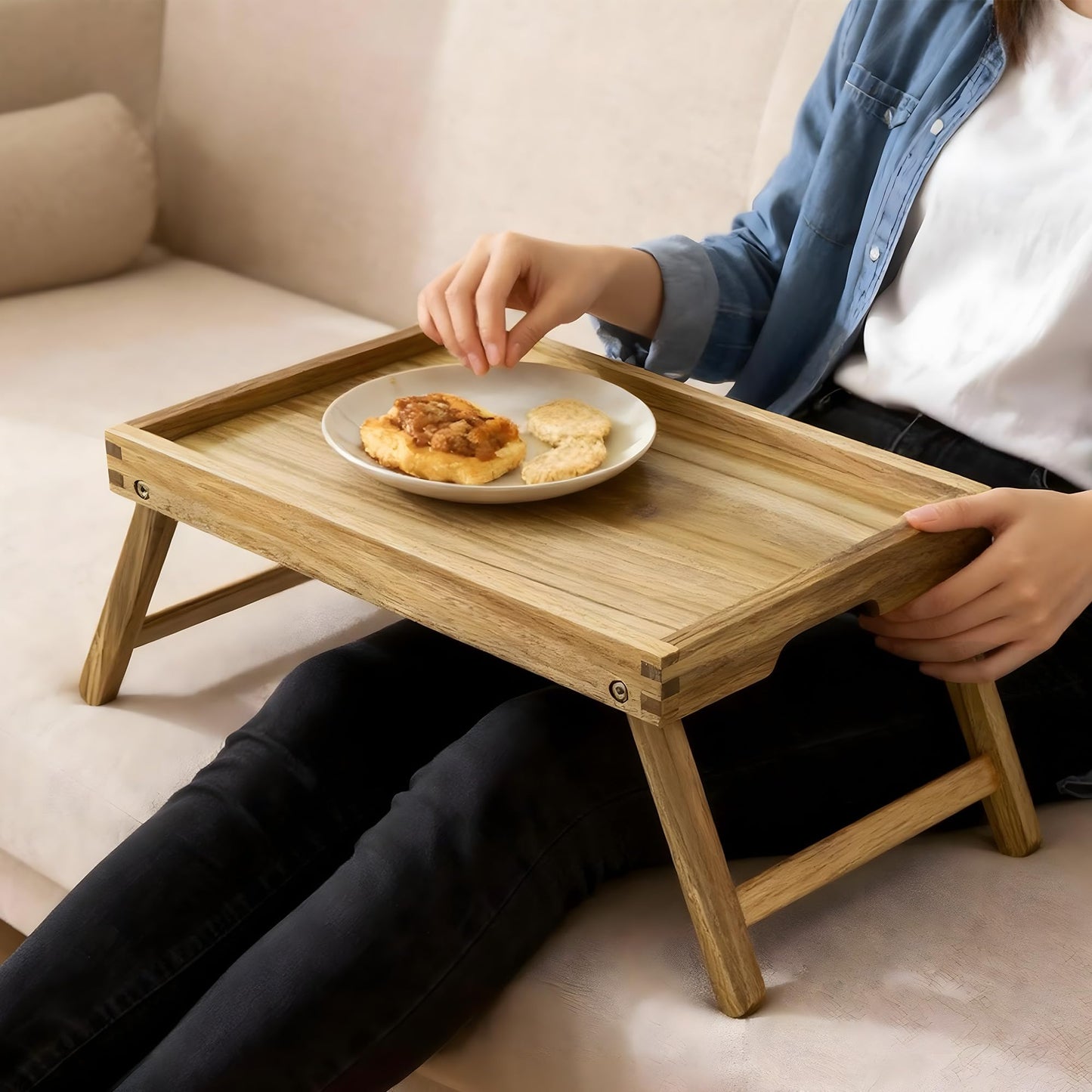 VaeFae Acacia Bed Table Tray, Wooden Breakfast Tray with Folding Legs, Bed Tray for Eating and Laptop, Eating Trays for Bedroom, (2 Pack)