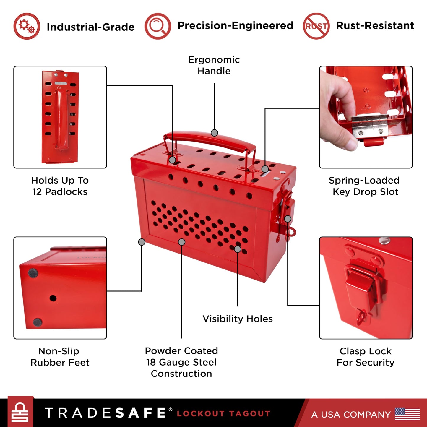 TRADESAFE Lockout Tagout Group Lock Box - Premium Loto Group Box, 18 Gauge Steel Lockout Box, Red Lock Box for OSHA Compliant Group Loto Procedures