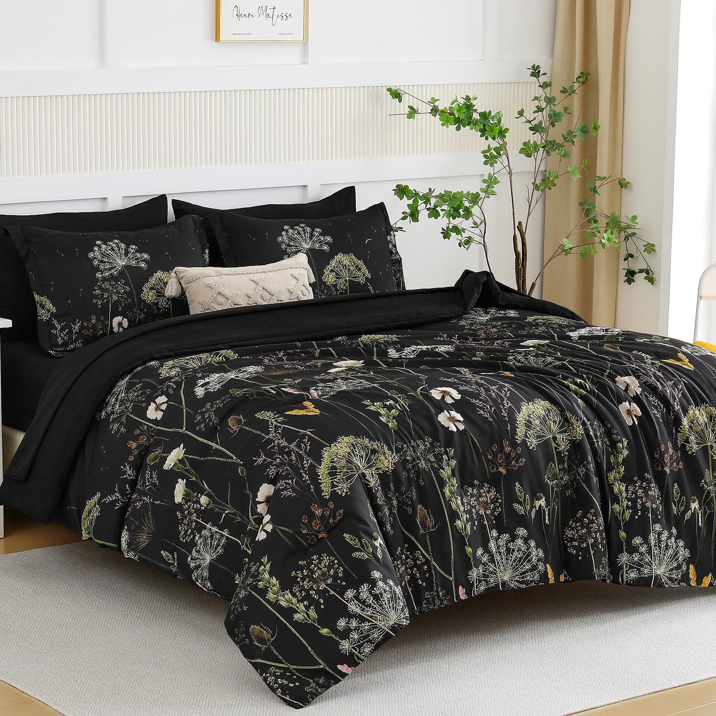 Yiran King Size Comforter Set, 7 Piece Comforter Floral Black Green Bedding Set, Soft Bed in a Bag King, Comforter, Sheets, Pillowcases & Shams