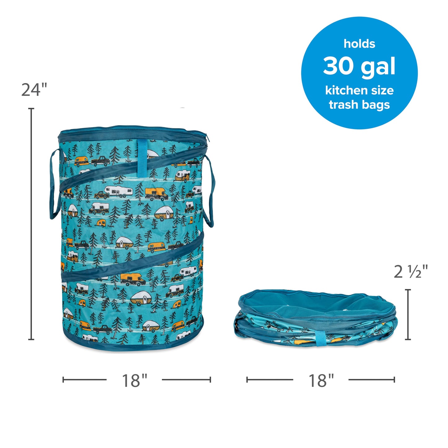 Camco Pop-Up Utility Container - Use as Collapsible Trash Can When Camping - Holds 30-Gallon Kitchen-Size Trash Bags - Stands 2-Ft Tall & Collapses for RV Storage and Organization (42990)