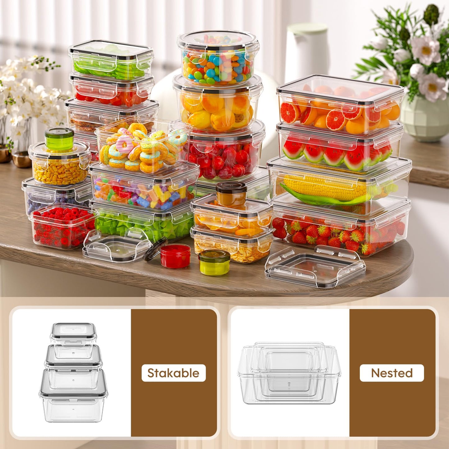 KEMETHY 70 PCS Food Storage Containers with Lids Airtight, Total 856oz, BPA-free, Food-grade, Eco-friendly Material, Leak Proof Plastic Containers, Microwave/Dishwasher Safe